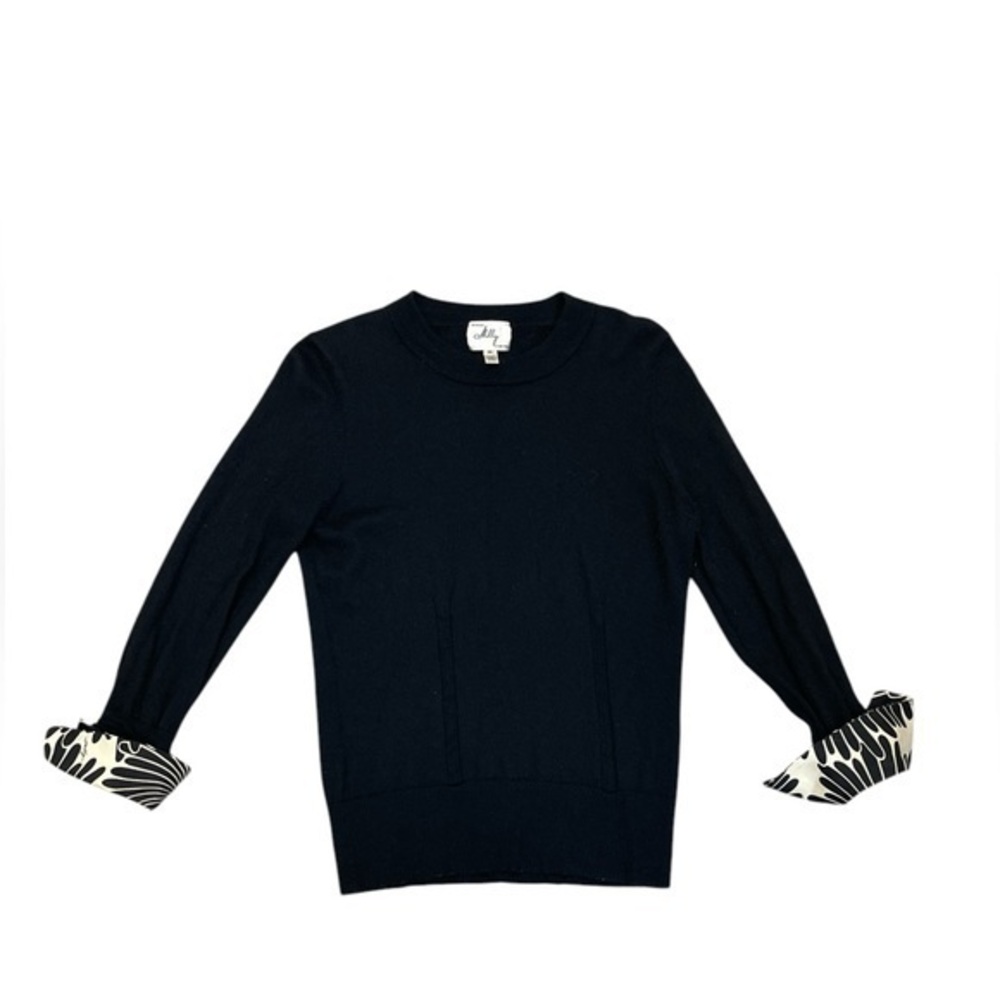 Milly of New York Black Crew Neck Sweater with Decorative Cuffs
